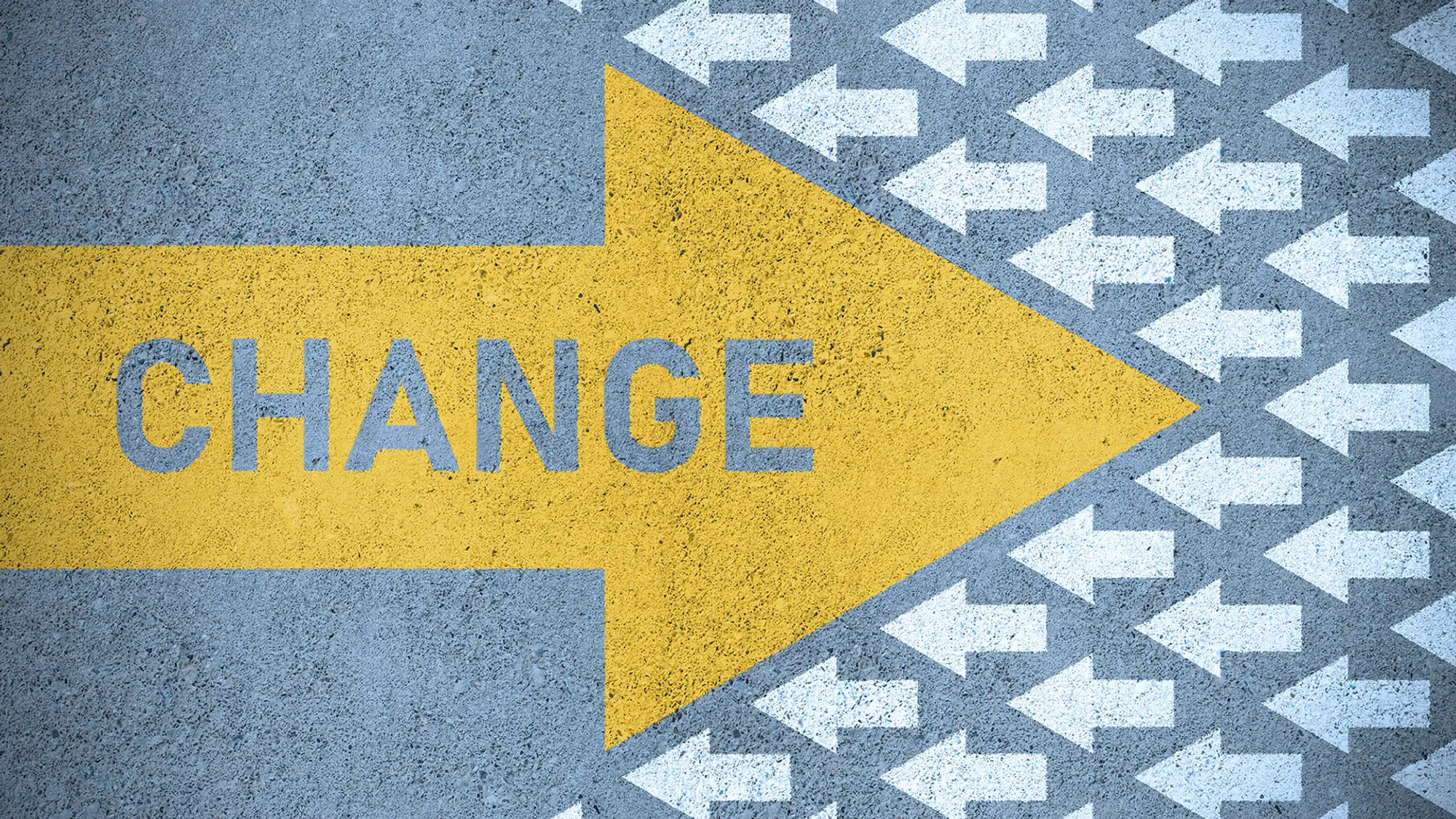 A large yellow arrow with the word ‘change’ pushing against smaller white arrows pushing back