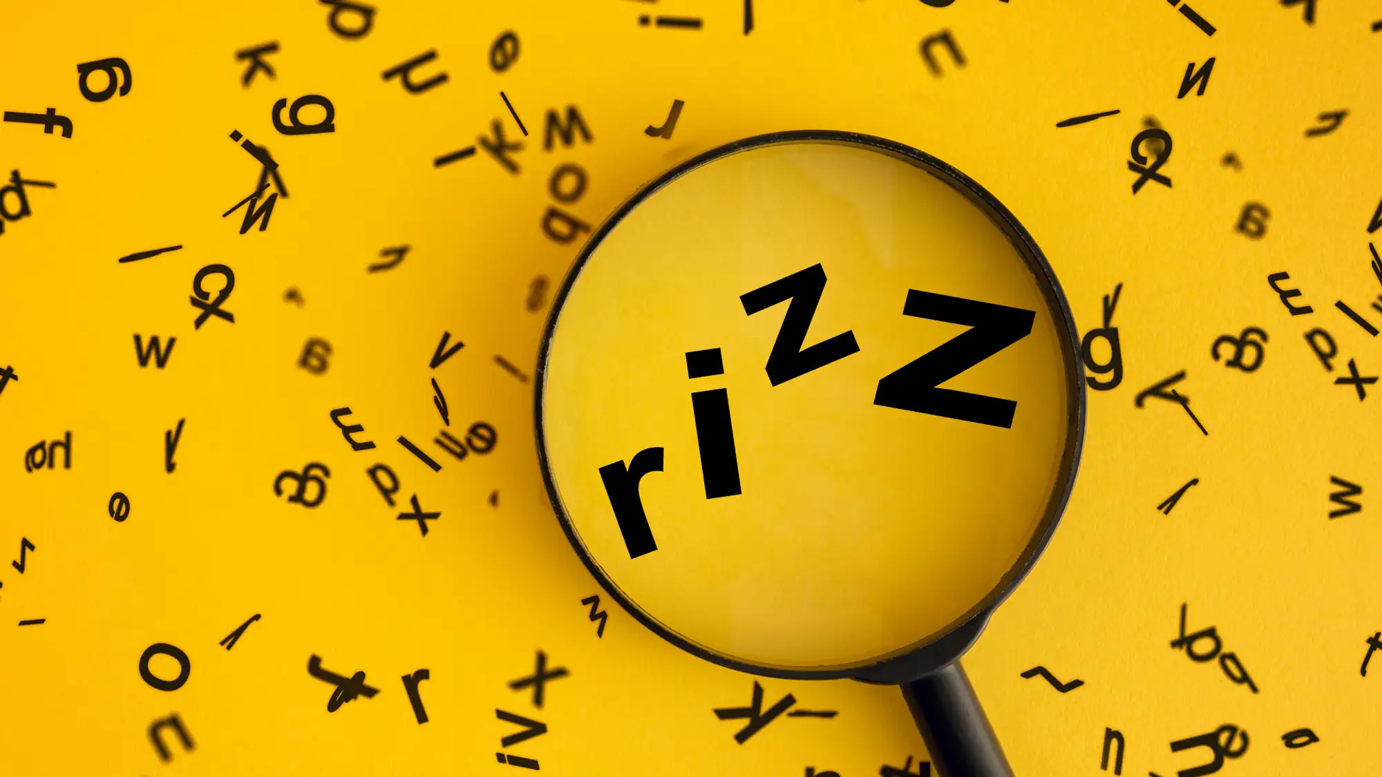 black letter on a yellow background with the word rizz under a magnifying glass