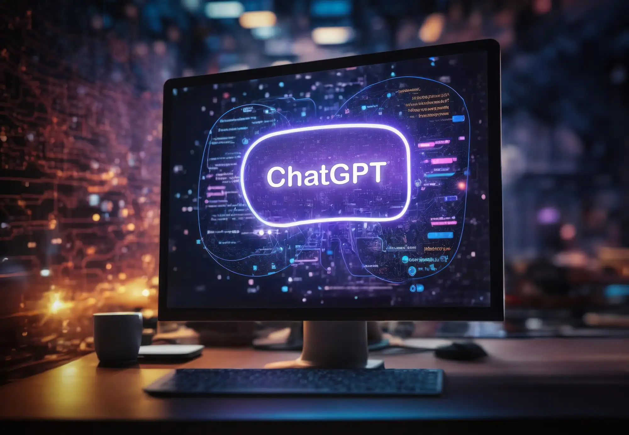 A computer monitor on a desk with "ChatGPT" appearing in neon lettering