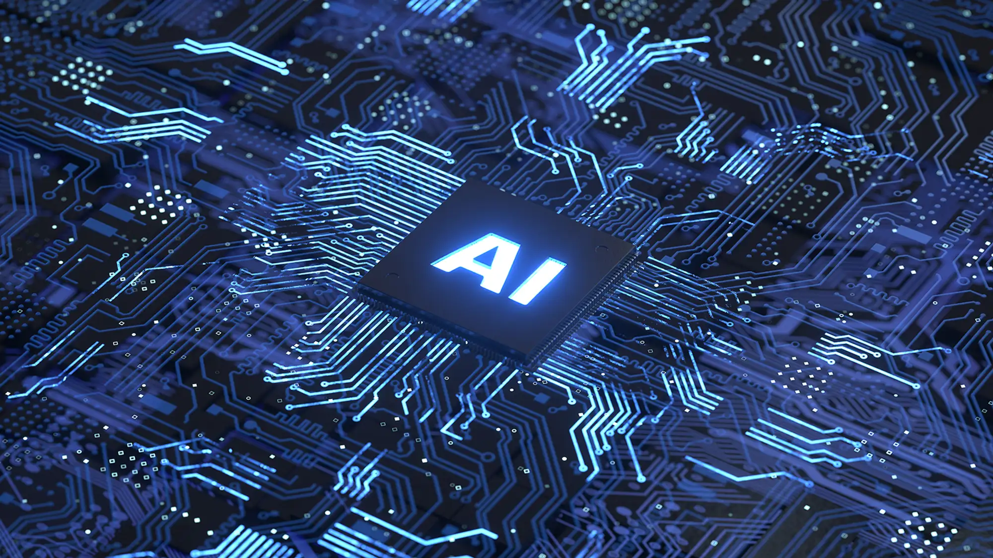 A stylized circuit board with a chip in the center labeled AI, representing AI search optimization