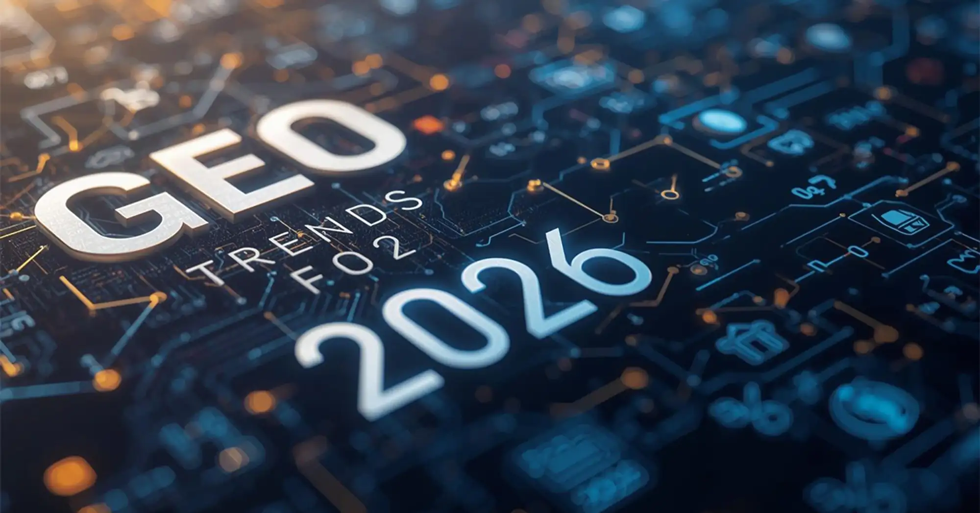 A circuit board featuring the text "GEO Trends for 2026"
