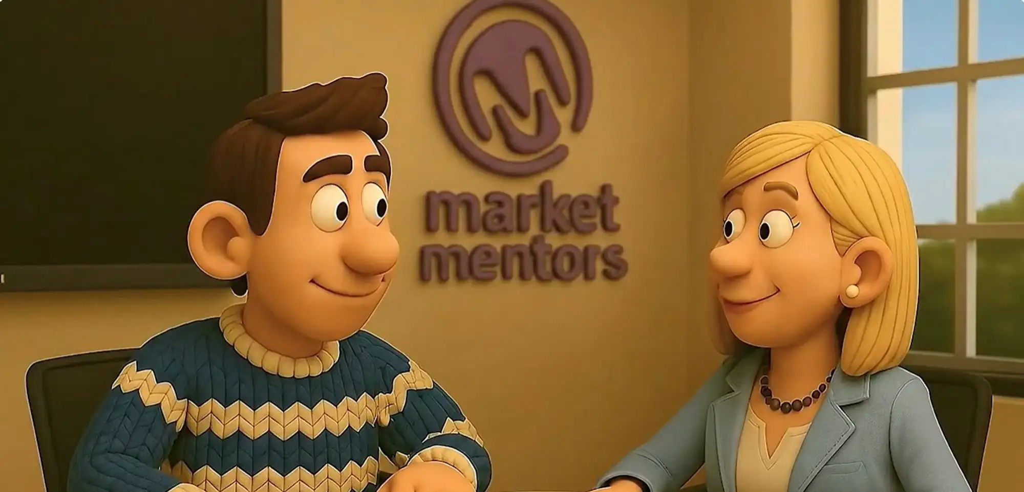 Claymation-style animation still of a man and woman seated at a table with the Market Mentors logo on the wall behind them